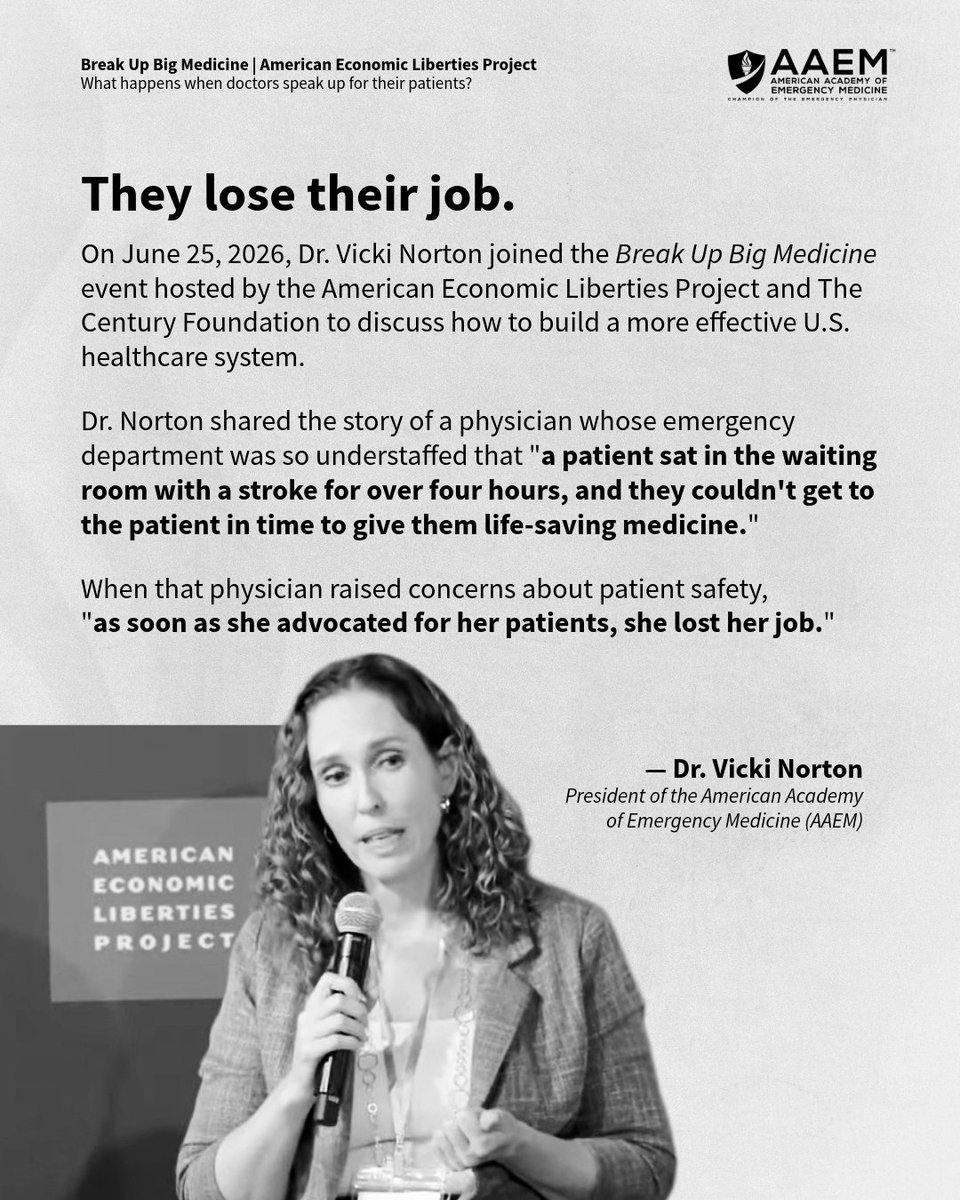 aaeminfo's tweet photo. On June 25, AAEM President Dr. Vicki Norton joined @econliberties & The Century Foundation for the #BreakUpBigMedicine event, advocating for physician autonomy and a patient-centered, physician-led healthcare system.
Watch here: https://t.co/sm7TwJjDiC
#AAEM #CPOM #PatientCare https://t.co/pkOKYii73S