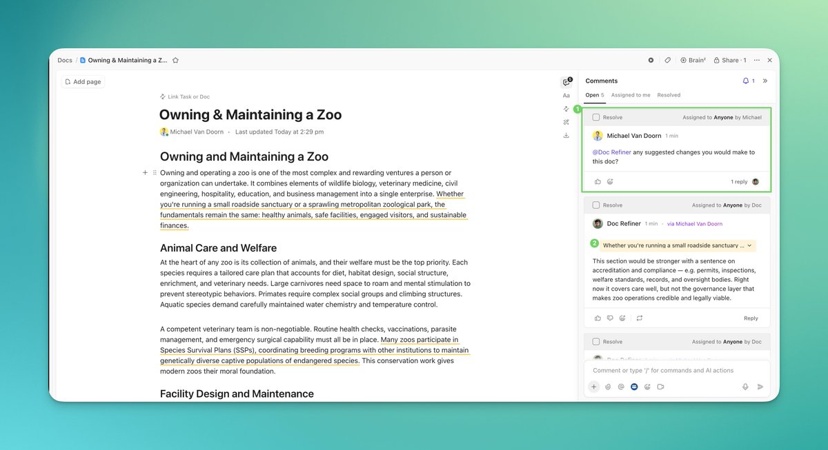 michael_vxd's tweet photo. Super Agents now respond to mentions in Doc comments.

Highlight text, mention an agent, it responds with full context. Ask for a doc review and it posts inline comments on specific passages. Same UX as tasks and chat. Docs aren't a dead zone anymore. https://t.co/X7srDQjkpt