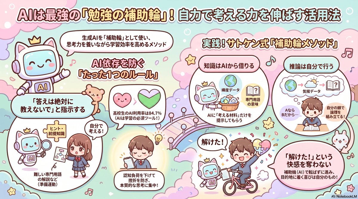 NoteSatouken's tweet photo. 次は「AIに頼ると考える力が落ちるのでは？」というジレンマの解決です。
AIへの指示を少しだけ工夫することで、AIは思考力を奪う機械から伴走してくれる優秀な相棒に変わります。

AIに頼ると考える力が落ちる？中高生の不安を覆すサトケン式・補助輪メソッド
https://t.co/zRfRAv4cCo https://t.co/qn9zH7gC16