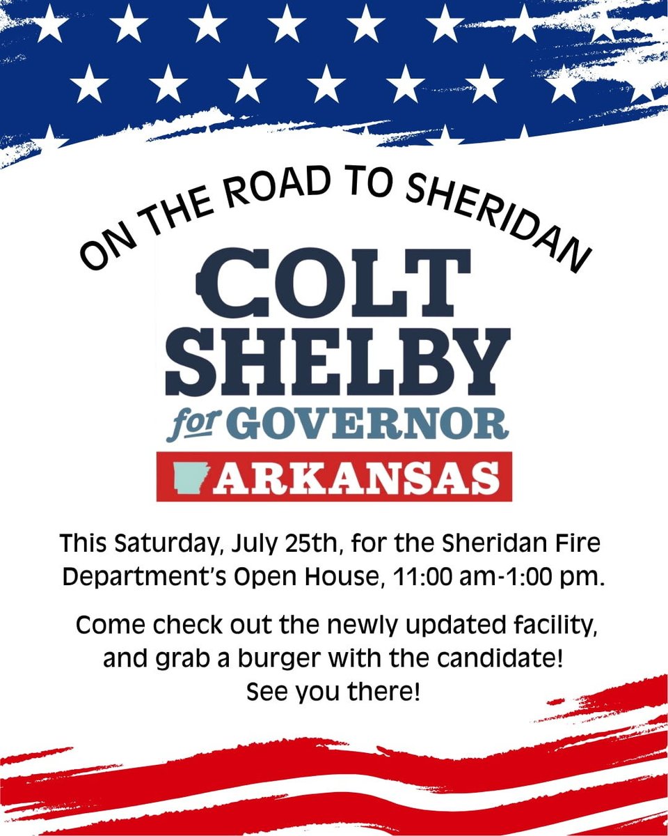 Colt_Shelby's tweet photo. I'll be back home in Arkansas and have 3 events scheduled while I'm traveling the state!

 Conway – Cross Creek Sandwich Shop
Thursday, July 23rd | 5:00 PM – 7:30 PM

Sheridan – A super Cool event happening at the fire department.
Saturday, July 25th | 11:00 AM – 1:00 PM
If you're willing and able, come on out! 

North of Ozark – Paradise Pizza Pub
Friday, August 1st | 5:00 PM – 8:00 PM

Hope to see you at one (or more) of these stops! I’ll keep my calendar updated on my site as things get booked. Feel free to reach out anytime at colt@colt4arkansas.org.