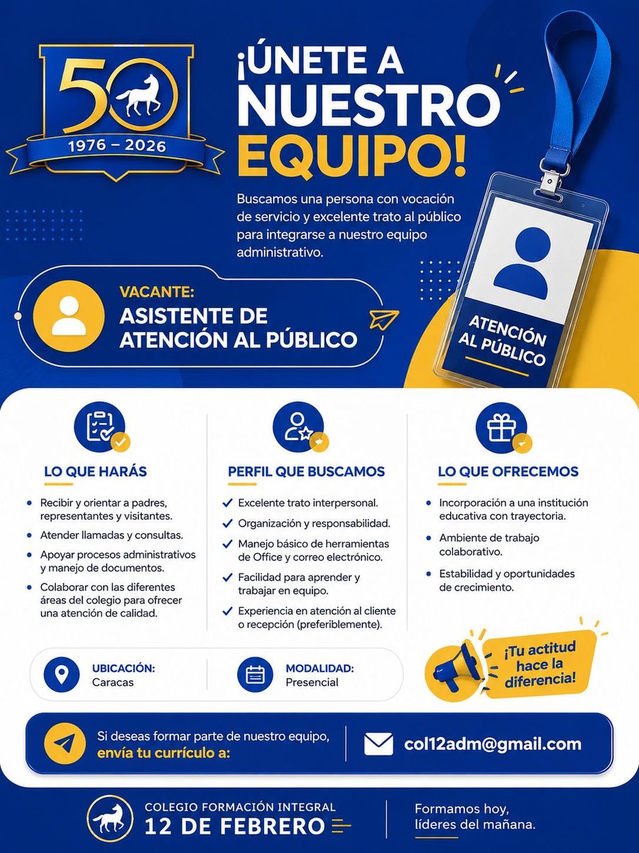 Empleoccs's tweet photo. 📍 UBICACIÓN -  CARACAS📍 

💼 ¿Cumples con el perfil?🚀 ¿Cómo postularse?
Es muy sencillo. Envía tu síntesis curricular  actualizada al:

📩 Col12adm@gmail.com

Envía tu CV al correo o número telefónico que aparece en la imágen. 
​
#empleoccs #empleo #ccs #oportunidad #laboral https://t.co/mdyyZ3Sp6t