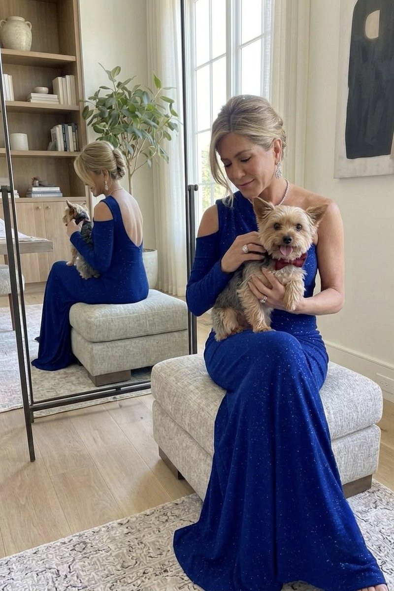 private_page098's tweet photo. She stole the show and my heart. 🐶💙 Blue skies, blue dress, and my favorite co-star. #jenniferaniston https://t.co/mDZyGeiIcx