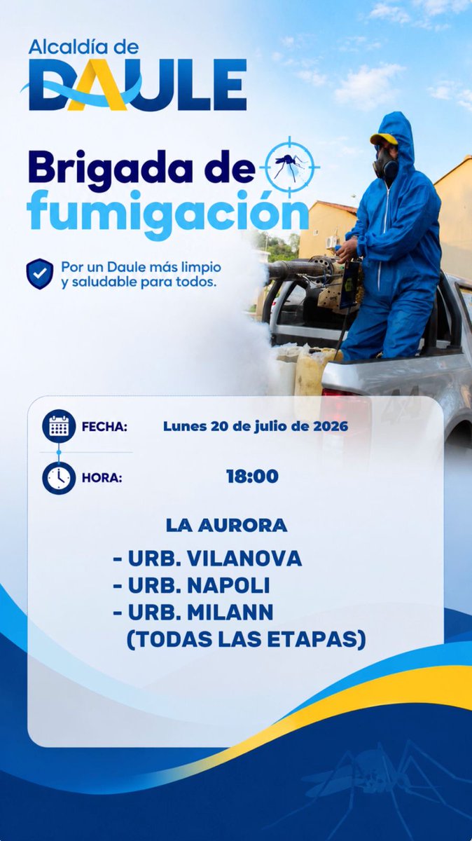 AlcaldiadeDaule's tweet photo. La brigada de fumigación llega a tu sector, a partir de las 18h00. Para una mayor efectividad, recuerda cerrar puertas y ventanas durante la fumigación. ¡ Juntos, libres de mosquitos! #AlcaldiadeDaule #ElNuevoDaule #Daule https://t.co/YemAJeRmbm