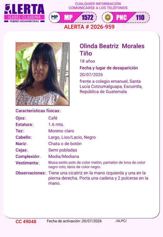 isabel_claudina's tweet photo. #AlertaIsabelClaudina
🚨 Ayúdenos a encontrar a
OLINDA BEATRIZ MORALES TIÑO
Desapareció el 20de julio del año 2026
Cualquier información comunicarse al teléfono 📞 1572
Gracias por difundir esta información❗ https://t.co/CSQ1Ajxnli
