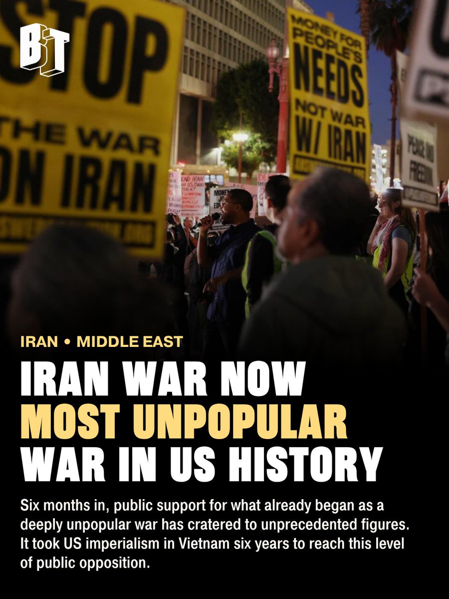 BTnewsroom's tweet photo. The US-Israel war on Iran has had negative net support amongst US voters since day one. Six months in, it has now officially become the least popular major conflict in US history.

In June, according to a poll conducted by The Economist/Yougov, public opinion on the Iran war sunk to -32% net support – that’s support minus opposition – surpassing the historic -31% recorded in 1973 in the final poll measuring American’s positive feelings about the Vietnam War.

Trump’s war was the first in US history to start with negative net support (-13%), lower than any other war since polling began. 

As airstrikes intensify anew, oil and gas prices are rising once again. The Pentagon confirmed three more US service members killed over the weekend, bringing the US death toll to 17 since the war started in February.