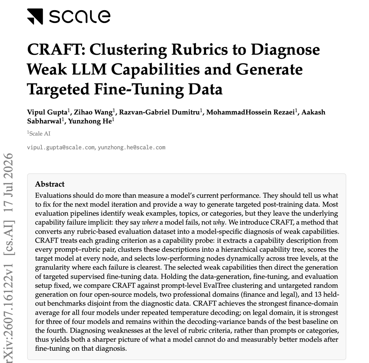vipul_1011's tweet photo. Benchmarks tell us where a model fails. They rarely tell us why and what to train on next.

In our new @ScaleAILabs paper, we tackle this.

CRAFT turns rubric criteria into a hierarchical capability tree, identifies model weaknesses, and generates targeted fine-tuning data.🧵 https://t.co/JZ2DUXg2sw