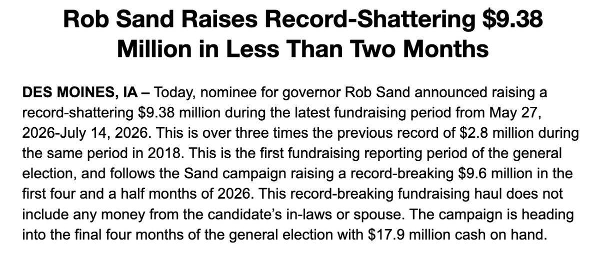 emmaobrien1496's tweet photo. HUGE record-breaking news from Team Sand: 

$9.38 MILLION raised in less than 2 months
2,400+ registered R donors from all 99 Iowa counties
$17.9 MILLION COH 
0 corporate PAC money

Team Sand is all gas, no brakes headed into November. #IAGov https://t.co/xPRQT9SNTs