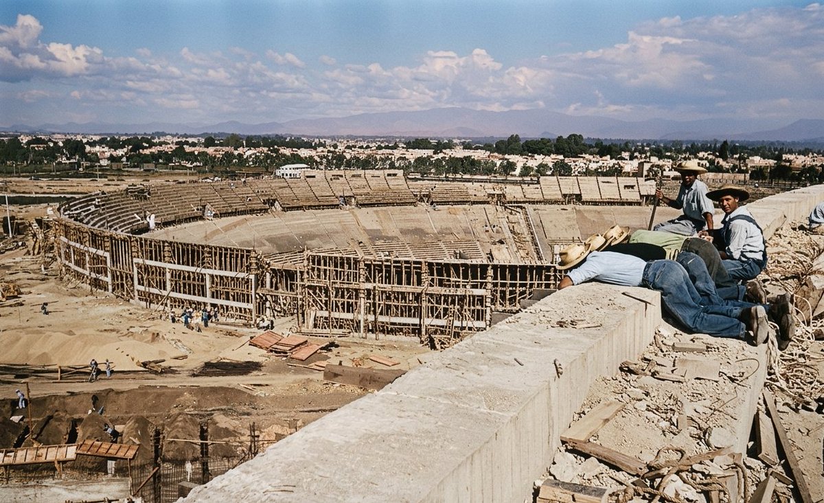 MXESTADIOS's tweet photo. Proceso de construcción del Estadio Ciudad de los Deportes, en la CDMX.
Creado en un enorme agujero. Está en un 90% bajo el nivel del suelo y sobre ella se colocaron las gradas de concreto prearmadas, una por una. https://t.co/ies5NTYr4f
