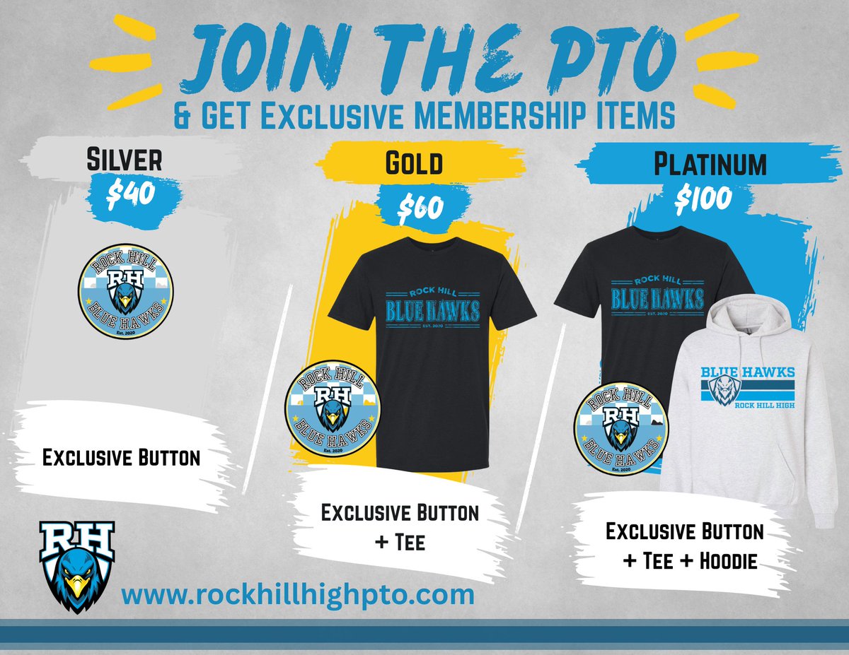 RockHillHS_PTO's tweet photo. 🎉 Join the Rock Hill PTO and score exclusive membership items! 
💙 No volunteer commitment is required to join! We love our volunteers, but membership is a great way to support even if your schedule doesn't allow you to volunteer.
👉 Join today at https://t.co/siHoeyD81P https://t.co/JfXsxKq983