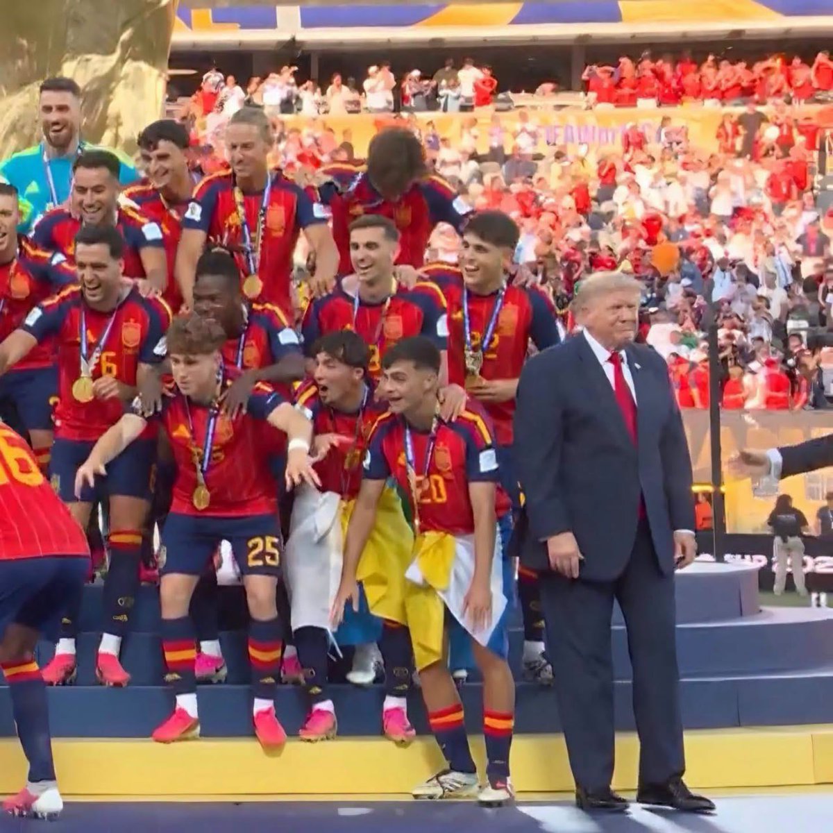 loria0x's tweet photo. This image of Trump is going INSANELY viral on every social media platform of him standing next to the spain team yesterday, its so memeable and people making all types of memes of “bro thinks he’s on the team”

It hasnt been ran properly & the OG is bricked with 8%

Its literally THE biggest meme now

X link: https://t.co/qq0iUnGzW0

TikTok: https://t.co/p5ChxcvcHX

Paying dex at 15k and linking com, running this properly since we cant run the OG