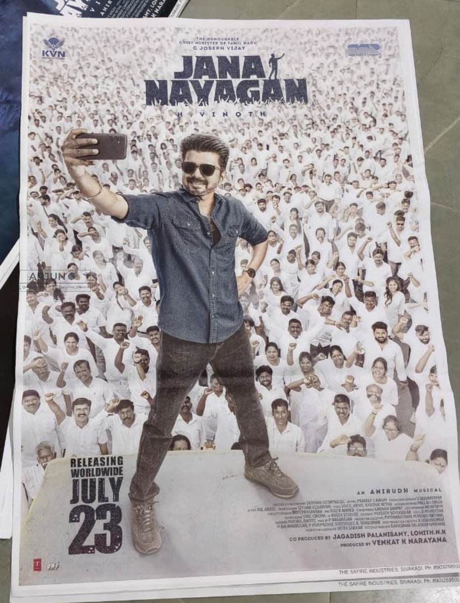ArjunVcOnline's tweet photo. #JanaNayagan promotional posters are arrived in theatres 🔥

In cinemas from June 23rd.!

@ssr_ents distribution..!!

#ThalapathyVijay #Vijay #PoojaHegde #MamithaBaiju #Anirudh https://t.co/LJ6OK4bUqG