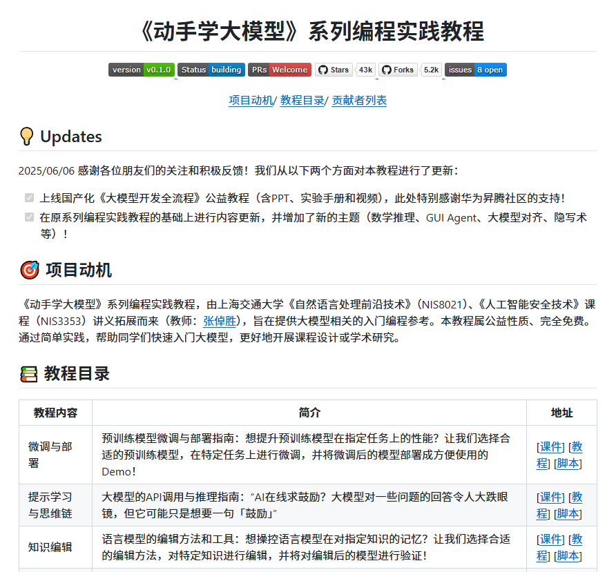 XAMTO_AI's tweet photo. 一份大模型学习资源，上海交大团队出品，项目叫 Dive into LLMs。
11个主题，每个都配了能直接跑的代码，课件和教程文档也齐。想上手试的话，基本不用自己从头搭环境。

基础的有微调和提示工程，进阶的有知识编辑、数学推理蒸馏、多模态，偏安全方向的越狱攻击、RLHF对齐、智能体安全也有，还有GUI智能体这种偏应用的实践。模型水印和隐写这两个方向，在其他公开教程里不太常见。

联合华为昇腾做了配套课程，分初、中、高三级，视频和实验手册都有。

43k Star，说明用的人不算少。适合正在入门但不想只读理论的人，也适合拿来备课或做课程设计的老师。

https://t.co/Dllt7KfmO8