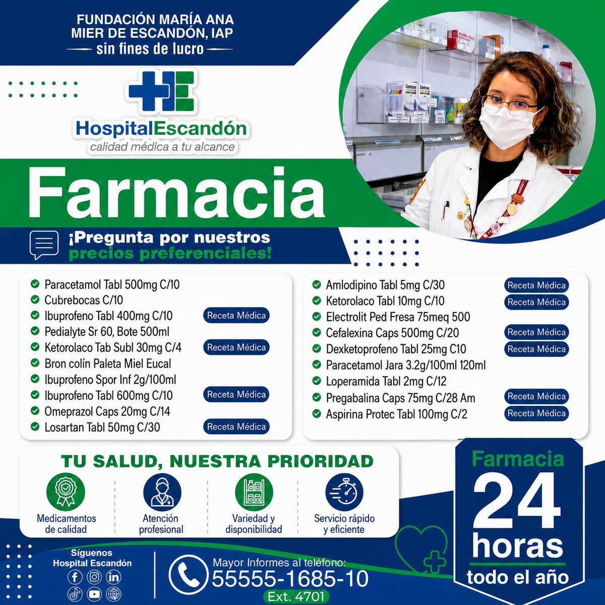 HospEscandon's tweet photo. En la farmacia del Hospital Escandón, encuentras medicamentos de calidad, atención profesional y servicio las 24 horas, todo el año.

¡Pregunta por nuestros precios preferenciales y cuida tu bienestar con confianza! 🏥💊

📞 55555-1685-10 Ext. 4701

#HospitalEscandón #Farmacia https://t.co/xk3TckY0TY