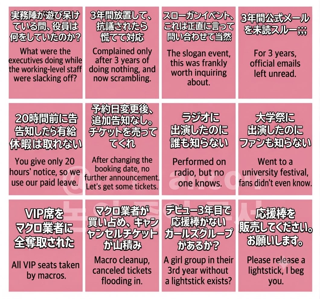 5050_TWENY_JPN's tweet photo. TO @TheAttrakt @we_fiftyfifty

First of all, it is a problem that after 4 years, no official fan club exists. With the rampant ticket scalping, inadequate response to fan support activities, and sluggish marketing/PR/announcement operations, we TWENY have defended ATTRAKT precisely because we know the hard times. However, unless improvements are made, the "miracle of a small-to-medium agency" that we have aimed for will never happen again.

The FIFTY FIFTY members and creative staff are working 1000% hard.
The ones who need to step up and work hard are the management team at ATTRAKT 👇🏻

"We would like to express our sincere gratitude once again to the fans who always send us such affectionate support.
FIFTY FIFTY will also do our utmost to show our dedication in return for the warm hearts you send us.
Thank you."

https://t.co/M3QGtZmEBc
FIFTY FIFTY Fan Letter & Support Guide (260720 ver.)
Hello. This is the FIFTY FIFTY fan club representative.
Here is the guide regarding FIFTY FIFTY fan letters and support.
FIFTY FIFTY does not accept gifts or personal support, with the exception of fan letters.
However, for certain official schedules such as concerts and fan meetings, pre-discussed support can be arranged.
Please check the details below for application instructions.