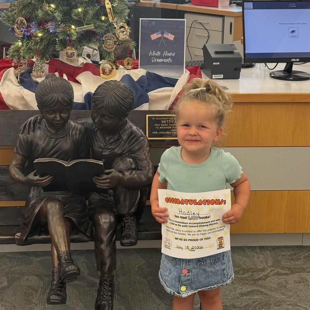 MadisonPL's tweet photo. 📚🎉 Congrats, Hadley, on 1,000 Books Before Kindergarten! 🌟 Thanks to your caregivers for fostering your love of reading! ❤️📖 #1000BooksBeforeKindergarten #MadisonPLOH #LoveOfReading #FutureReader #KeepReading https://t.co/xW6pKrE39g