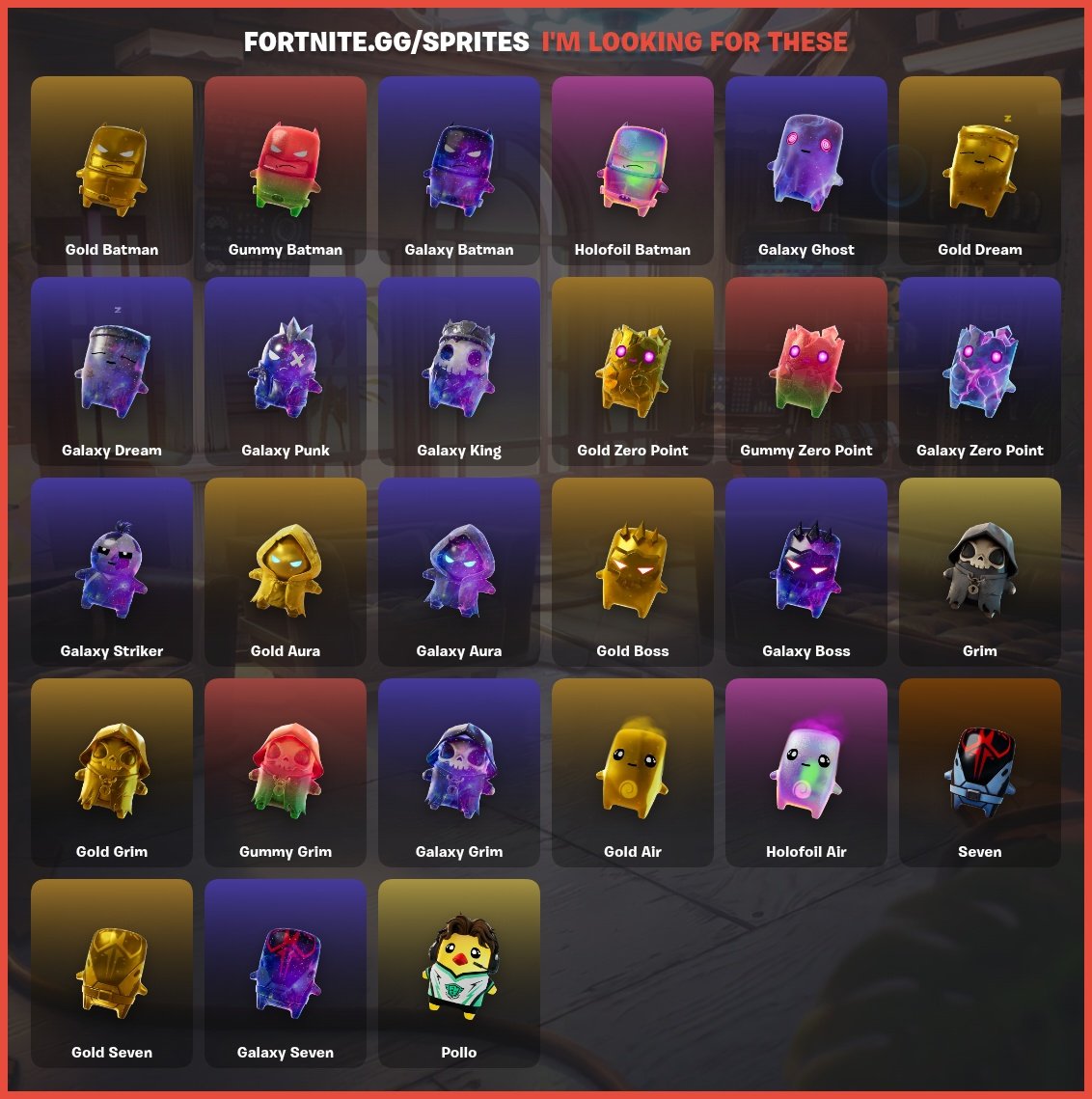 Virgomoonn's tweet photo. anyone want to trade sprites? lists of what i have and need below
#fortnite #spritetrading https://t.co/krRemWnZTa
