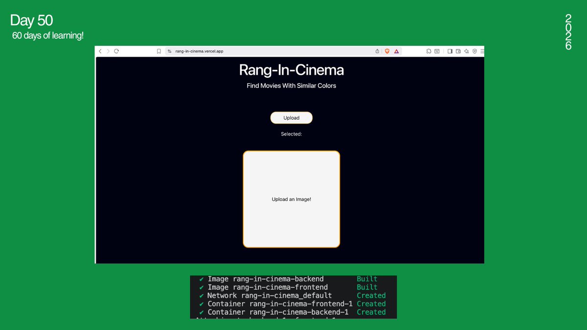 _amisharn's tweet photo. #LSPPDay50

Dockerized my React + FastAPI application, connected everything with Docker Compose, and deployed it to Render + Vercel. 

https://t.co/neoxucHL4M

#60DaysOfLearning #LearningWithLeapFrog
@lftechnology https://t.co/CZWzEGAESa