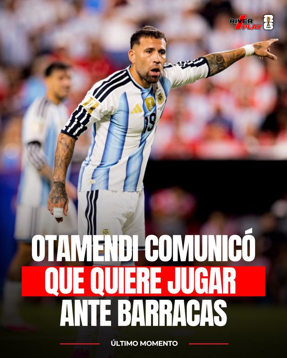 RiverPlay_OK's tweet photo. ✅🫡 [EXCLUSIVO]: Nicolás Otamendi se COMUNICÓ con el cuerpo técnico de River y les CONFIRMÓ que ESTÁ a DISPOSICIÓN para jugar el sábado ante Barracas Central. 

ℹ️: @MatiasjCabezas https://t.co/VZd28dmfm1