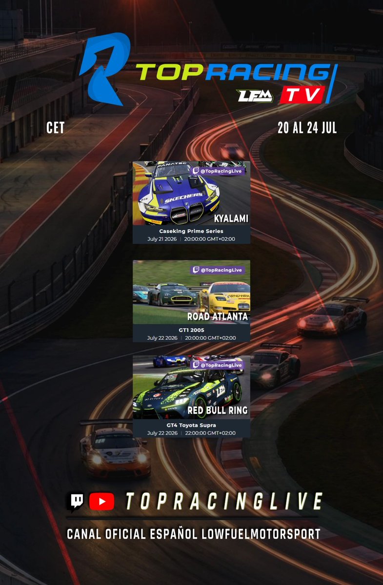 TopRacingLive's tweet photo. ¡Familia simracer! 🎙️ ¿Cuál de estas tres citas tenéis marcada en rojo en el calendario?
1️⃣ Caseking (Kyalami)
2️⃣ GT1 2005 (Road Atlanta)
3️⃣ GT4 Toyota Supra (Red Bull Ring)
#TopRacingTV #LFM #S23 #Simracing #LMU #ACC #AMS2 https://t.co/MjJLk8OJ6q