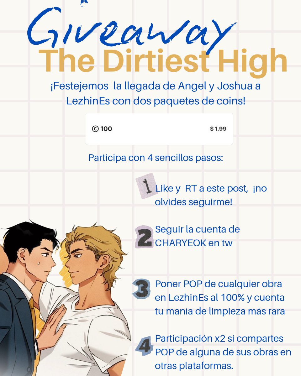 cosilyle's tweet photo. Hola chickens, vengo con mi primer giveaway, no es mucho ¡Pero es trabajo honesto! 
Para celebrar que "The Dirtiest High" llegó a @Lezhin_ES 
Les dejo la dinámica, mañana por la noche haré el sorteo.
No olviden seguir a Charyeok @/tu0l00hcs
Ahhh pongan screenshot de que le siguen https://t.co/FNCMXbgqGt