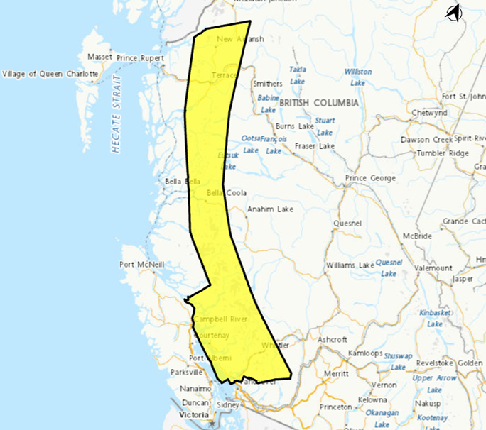 EmergencyInfoBC's tweet photo. Environment and Climate Change Canada has issued Yellow Heat Warnings for #HoweSound, #Whistler & the Sunshine Coast. Heat Warnings continue for parts of the North & Central coasts including #Kitimat, #TerraceBC & Bella Coola. Temperatures in these areas can be a risk to health & safety. Take steps to stay cool. Learn more: https://t.co/oiw5eTyJnH #BCHeat #BC