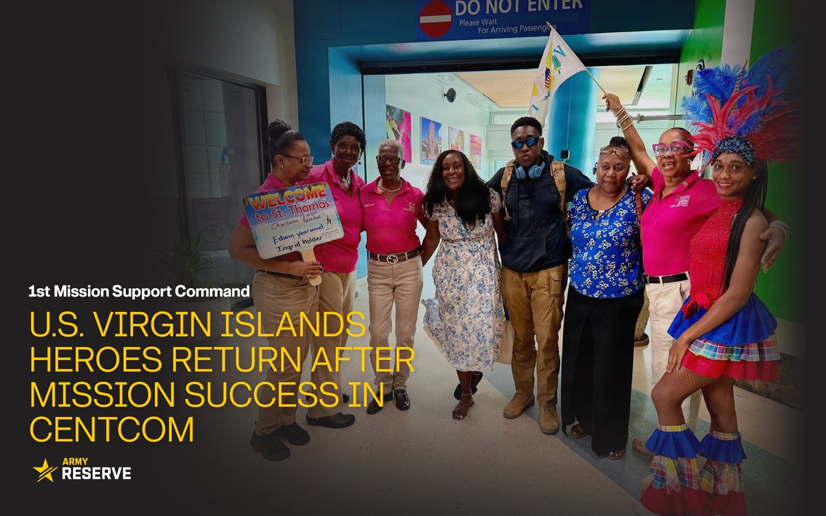 USArmyReserve's tweet photo. “The support from our families and community means everything.”

Sixteen Army Reserve Soldiers from the 512th Movement Control Company return home to a warm welcome on the U.S. Virgin Islands.

➡️https://t.co/sdlMBzsqKA https://t.co/oIfGKI8ha5