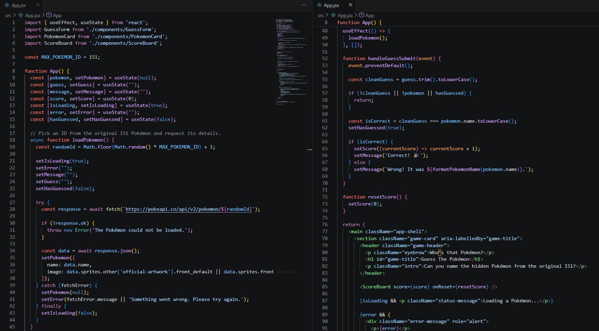 samyamss's tweet photo. #LSPPDay49
Built a Guess the Pokémon game using React, implementing API fetching, state management (useState), side effects (useEffect), conditional rendering, and component-based architecture.
@lftechnology 
#60DaysOfLearning2026 #LearningWithLeapfrog https://t.co/eQr2aroxYC
