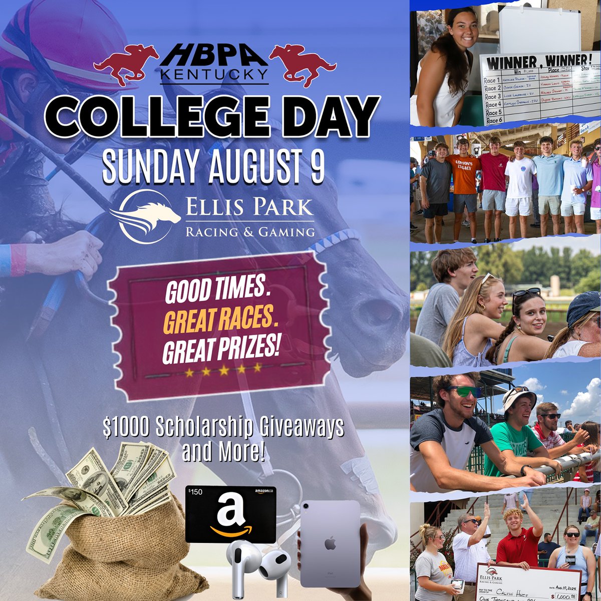 KyHBPA's tweet photo. Something for everyone at KY HBPA College Day Sunday Aug 9 at @EllisParkRacing! Full-time college students can win one of 27 prizes! $5 betting vouchers for registrants age 18+! $1 🌭🍿for everyone! (Discounted 🍺for those 21+) @860WSON @14News @WEHTWTVWlocal @IvyTechCC @UEvansville @USIedu @wku