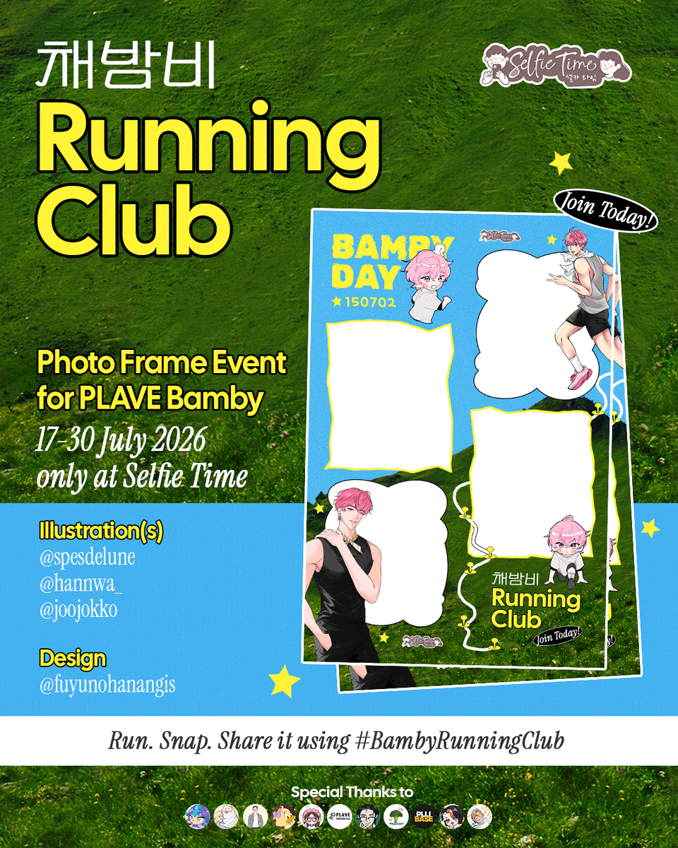 XWalherich's tweet photo. Welcome to..
𝗕𝗔𝗠𝗕𝗬 𝗥𝗨𝗡𝗡𝗜𝗡𝗚 𝗖𝗟𝗨𝗕🏃‍♂️💗

#PLAVE #Bamby Birthday Photoframe 2026

Illust by @spesdelune @hannwa_ @joojokko
Designed by @fuyunohanangis
 
🗓 17-30 July 2026
📍@selfietimeid

Ready, Set, Bamby! 🏁

Run. Snap. Share it using #BambyRunningClub https://t.co/rj8MbnFyFF