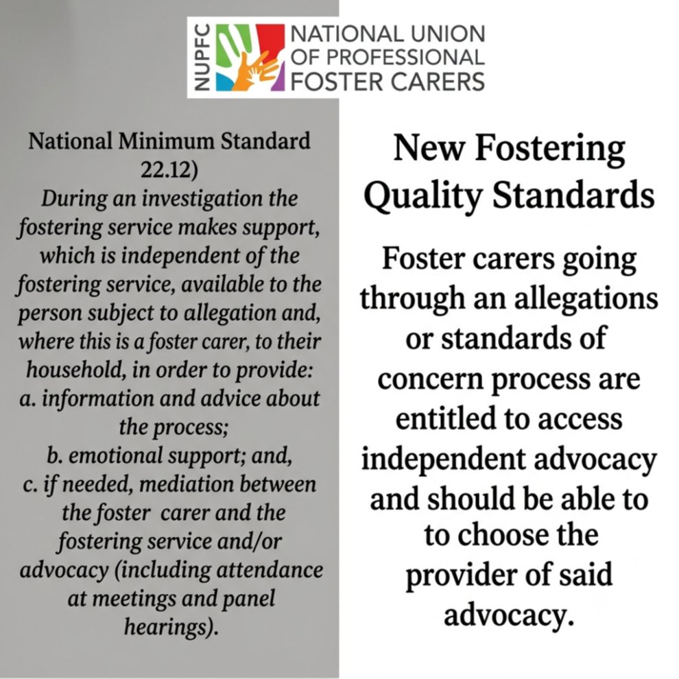 nupfc's tweet photo. New Fostering Quality Standards: a positive step. Carers should choose their own independent advocate during allegations — not be directed to organisations contracted by their provider.
Independence must mean independence https://t.co/Jwt8KBKOHy https://t.co/uXitdRUjna