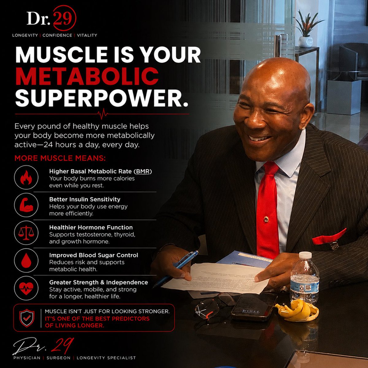 VFWILLIMD's tweet photo. MUSCLE IS YOUR METABOLIC SUPERPOWER

Most people think of muscle as something that helps you look better.

I think of it as one of the most powerful organs of longevity.

Muscle doesn’t just help you lift heavier weights—it changes how your body functions every hour of every day.

Healthy muscle helps:

🔥 Increase your Basal Metabolic Rate (BMR), so you burn more calories even at rest.

🩸 Improve blood sugar control by giving glucose somewhere healthy to go.

💪 Enhance insulin sensitivity, making it easier for your body to use fuel efficiently.

🧬 Support healthy hormone function, mobility, and resilience as you age.

❤️ Reduce the risk of frailty, falls, and loss of independence later in life.

The reality is simple:

You don’t stop building muscle because you get older.

You get older faster when you stop building muscle.

That’s why strength training isn’t just exercise.

It’s an investment in your future.

At Dr. 29, we don’t train to look younger—we train to live stronger, stay independent, and extend healthspan.

Because longevity isn’t measured by the number of birthdays you celebrate…

It’s measured by how well your body allows you to enjoy them.

Tomorrow we’ll explore another overlooked metabolic engine: NEAT (Non-Exercise Activity Thermogenesis)—and why the movement you do outside the gym may matter more than the workout itself.

— Dr. 29

#Dr29 #LongevityMedicine #MuscleIsMedicine #MetabolicHealth #HealthyAging #StrengthTraining #Healthspan #InsulinSensitivity #PreventiveMedicine #HormoneOptimization #ExerciseScience #AgePowerfully #LiveStronger #SanAntonio