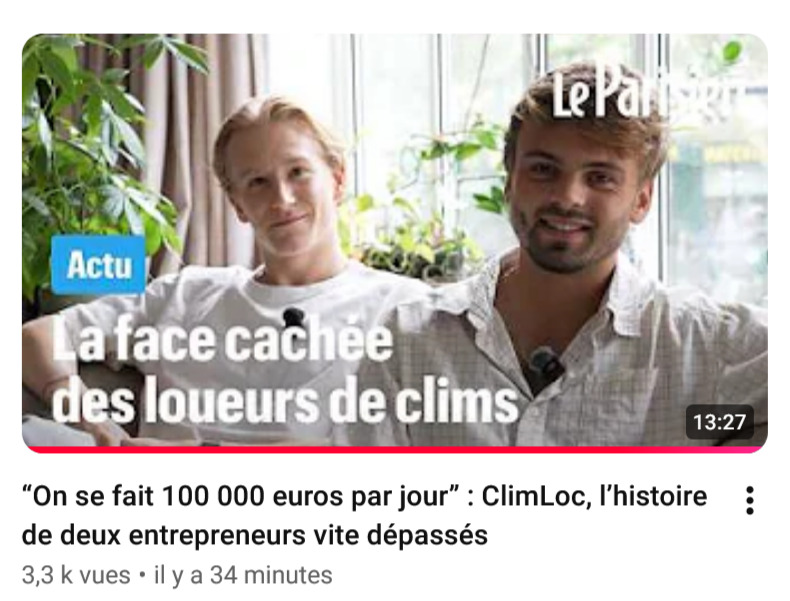 Esban_'s tweet photo. Bon, j’ai vu la vidéo du Parisien sur Climloc, et franchement, la moitié c’est juste une façon de redorer l’image de climloc. Ils parlent un peu des faux avis, y’a le témoignage d’un client qui dit que c’est trop cher, que le site est mal foutu, et que le transport se fait via uber donc c’est pas très écolo, blabla… 

Mais aucune vraie accusation de scam n’est abordée. 

Ils parlent de rien d’autre. 

Rien sur les achats de climatiseurs sur cdiscount et amazon, pour pouvoir les louer et les renvoyer 30 jours après pour se faire rembourser.

Rien non plus sur la vidéo où ils se vantent d’avoir créé une pénurie.

À la fin ils disent que la vidéo a été montée avant la polémique, mais je me demande comment tu peux balancer un truc aussi complaisant après tout ce qui est sorti, sans même questionner la publication ou juste expliquer clairement ce qu’on leur reproche.

Bref, c’est de la merde.
