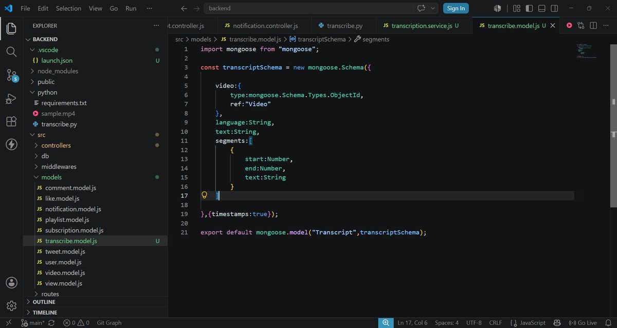 _a_m_i_t_1's tweet photo. Day 742 of #800DaysOfCode
Developed the transcription model and service for my video platform using Faster-Whisper. Adding video transcription and AI powered features.
#OpenSource #Whisper #AI #RAG #LLM #NodeJS #ReactJS #MongoDB #WebDevelopment #FullStackDeveloper https://t.co/xYc3Ow4JIh