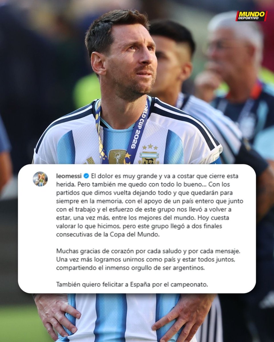 mundodeportivo's tweet photo. 📲 El mensaje de Leo Messi tras perder la final del Mundial: "El dolor es muy grande y va a costar que cierre esta herida"

🇦🇷 "Una vez más logramos unirnos como país y estar todos juntos compartiendo en inmenso orgullo de ser argentinos"

🤝 "También quiero felicitar a España por el campeonato"