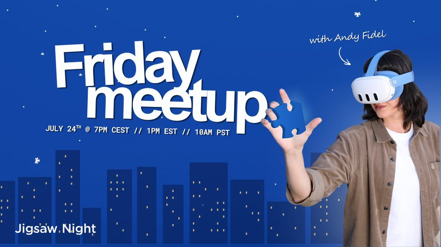 GetSocialVR's tweet photo. Coming up Friday!
#GetSocial in @jigsawnightapp
Friday, July 24th
@ 7PM CEST | 1PM EST | 10AM PST
RSVP: https://t.co/TBJRt92qDJ
#jigsawnight #vr #visionpro https://t.co/7G3zrBW1L5