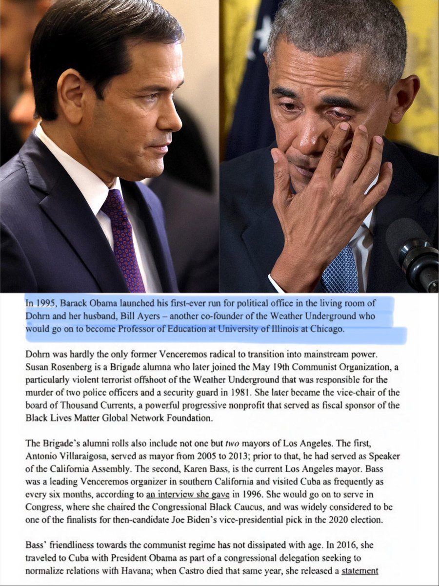 liz_churchill10's tweet photo. Marco Rubio calls out Obama…

Cuba didn’t need to invade America…they just sent their Weather Underground Alumni…Barack Hussein Obama…to launch his career from Bill Ayers’ living room and watch Marxism go mainstream… https://t.co/Wwil2SYVtk