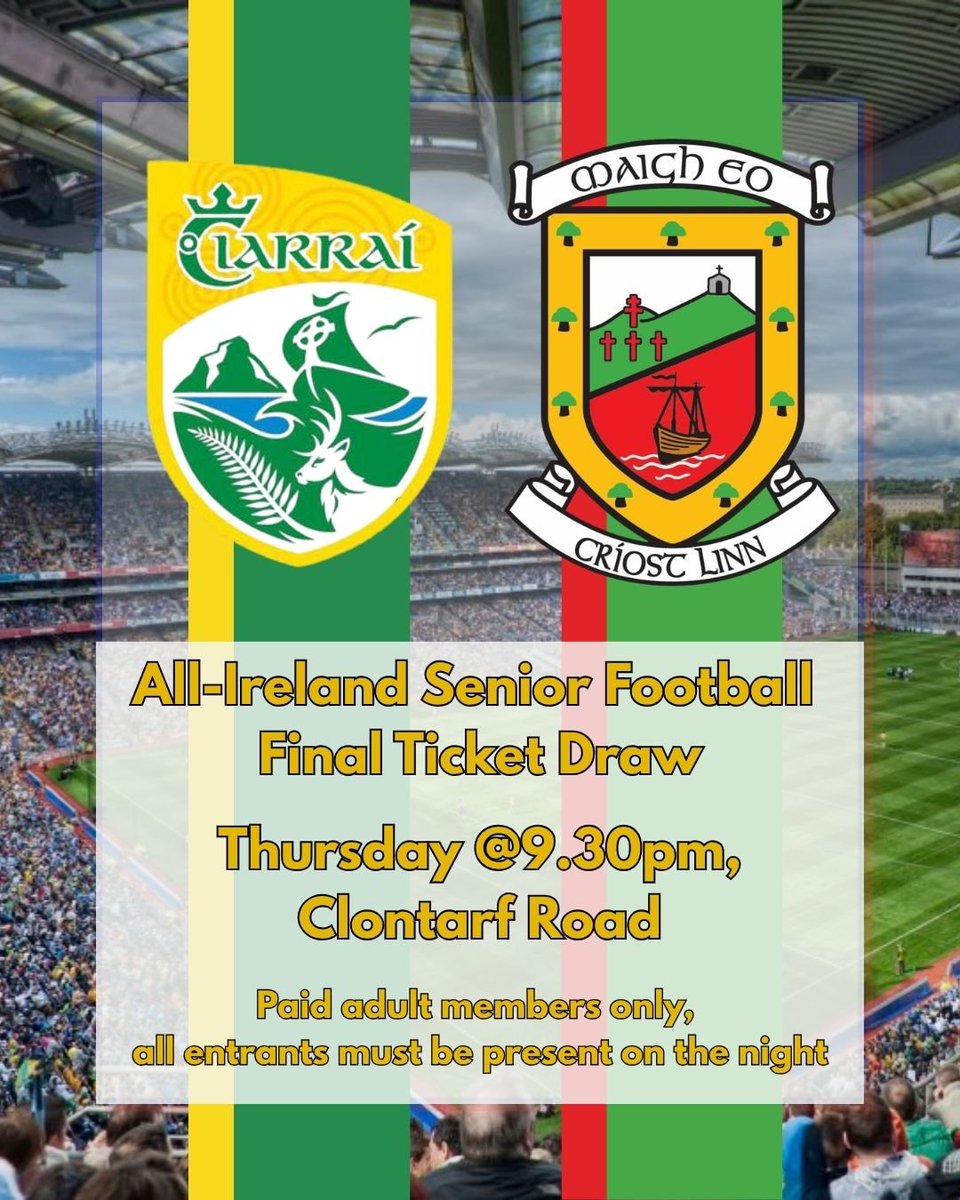 ScoilCLG's tweet photo. Thursday we host the draw for All-Ireland Football tickets in the clubhouse. 

Draw starts at 9.30pm, all participants must be present on the night and every entrant must be a paid up member. 

#scoilabú https://t.co/8fpI6epMUu