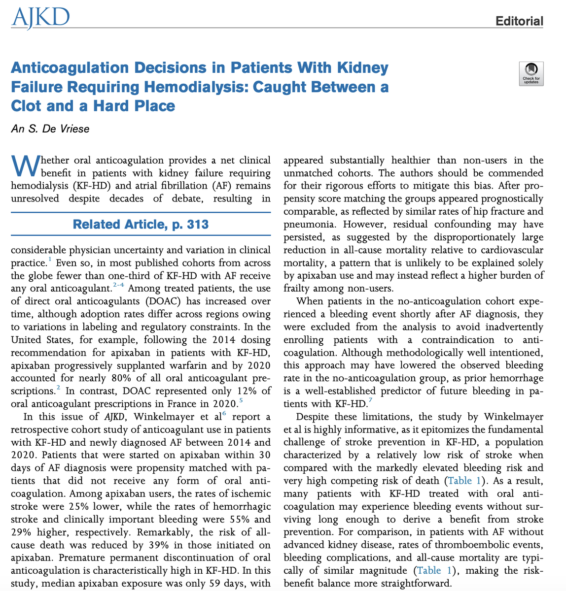 AJKDonline's tweet photo. @winkeldoc @Khairallah_P @MingyueHe3 @MontezRath @taraichang @BCMKidneyHealth Editorial by An S. De Vriese: 

Anticoagulation Decisions in Patients With Kidney Failure Requiring Hemodialysis: Caught Between a Clot and a Hard Place

https://t.co/dhdrEhCzdB (FREE) https://t.co/u56E8bscWs