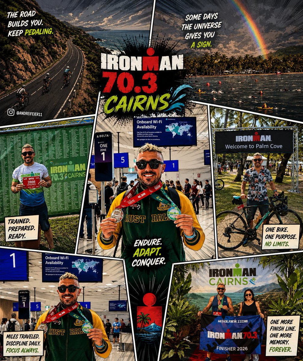 andreifeier11's tweet photo. Exactly one week later on June 14th, I competed in the 70.3 Ironman Cairns. Swam in the ocean with crocodiles and sharks as a rainbow broke through at sunrise, battled strong winds along Captain Cook’s Highway, and ran through tropical rain. What an unforgettable experience. https://t.co/7S0rfK4831
