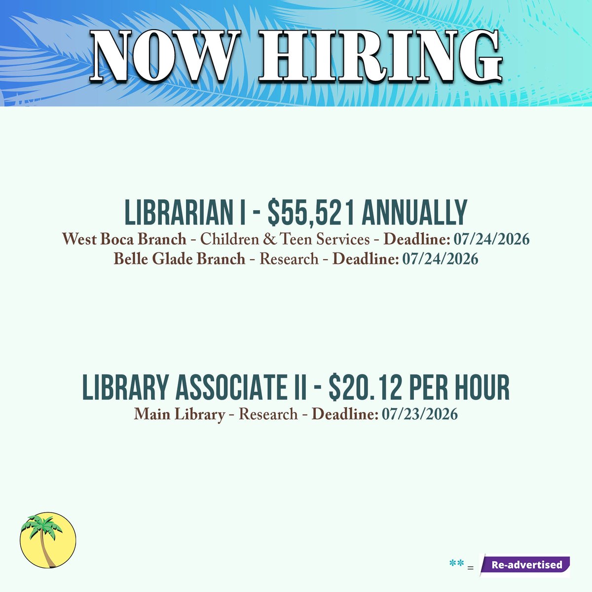 pbclibrary's tweet photo. Ready to launch your career? Check out our opportunities and apply today! We have many great benefits, including health insurance, tuition reimbursement, Florida Retirement System &amp; more!

✨ Start your journey with us! Link in bio.

#employment #pbclibrary #jobs https://t.co/FkqqNHavf3