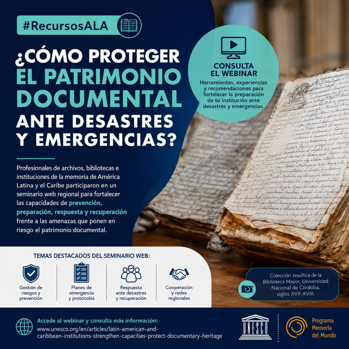 ALAArchivos's tweet photo. 📚 #RecursosALA | ¿Cómo proteger el patrimonio documental ante desastres y emergencias? Conoce herramientas y experiencias sobre prevención, preparación, respuesta y recuperación. 🎥 Consulta el webinar de la UNESCO. https://t.co/UXZtMKqxuv
#ALA #Archivos #PatrimonioDocumental https://t.co/5Gi9Pq8sb6