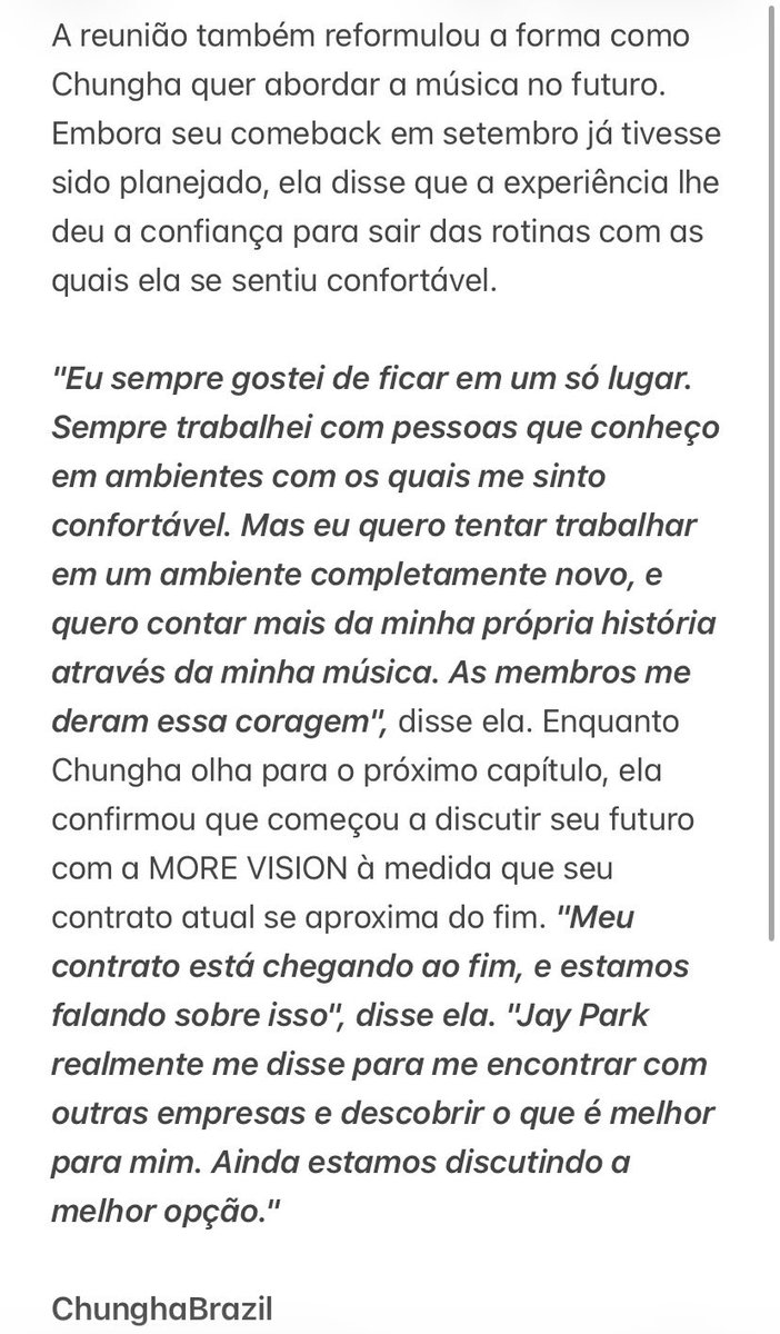 ChunghaBrazil's tweet photo. 🚨 Chungha comenta possível saída da MORE VISION. 

“Quero tentar trabalhar em um ambiente completamente novo (…) Meu contrato está chegando ao fim, Jay Park me disse para me encontrar com outras empresas e descobrir o que é melhor para mim.”

#청하 #CHUNGHA @CH_CHUN9HA https://t.co/FJLkTmYLDG