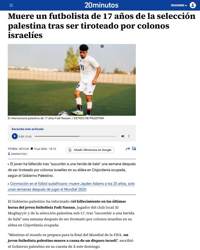 JulianMaciasT's tweet photo. El día de la final del mundial Israel volvió a asesinar a un jugador de la selección Palestina de fútbol.
Después del mundial todos los países deberían unirse para frenar el genocidio israelí. https://t.co/e3OldcTsDt