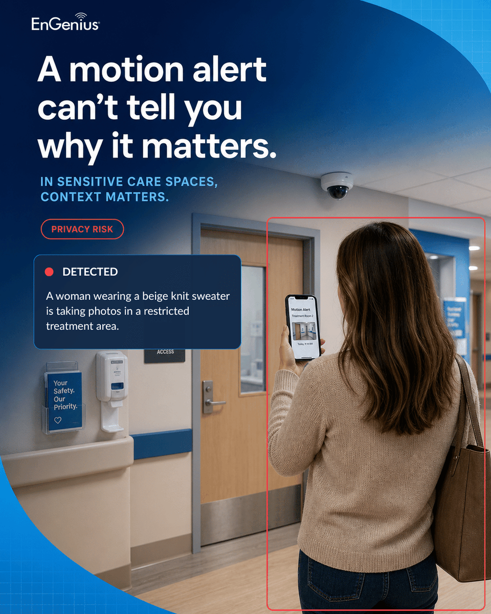 EngeniusTech's tweet photo. A visitor takes photos in a restricted treatment area. Motion alerts cannot recognize that behavior.

With EnGenius SD-Alert, describe what to monitor. Cloud AI understands the context, alerts your team, and links the relevant video.

Learn more: https://t.co/f2koXWbr1n https://t.co/b8LqPUCIm0