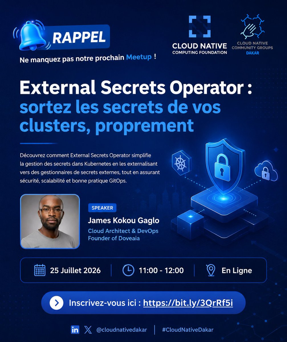 cncg_dakar's tweet photo. 🔔 Rappel: plus que quelques jours avant notre prochain meetup !

Rejoignez nous en prenant vite vos places :

🎙️ External Secrets Operator : sortez les secrets de vos clusters, proprement

📅 25 juillet 2026
🕚 11h00 GMT
💻 En ligne
Inscription 👉 https://t.co/9mQzM7EyeJ https://t.co/qkW6PCEqlL