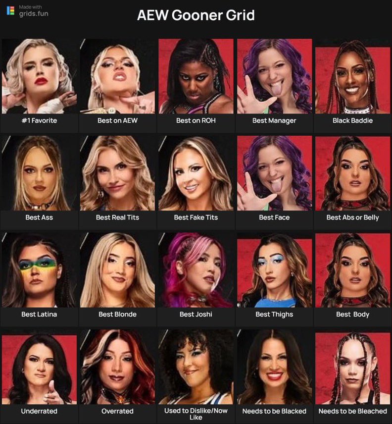GOONxplicit's tweet photo. My AEW Gooner Grid.

@wwedivafancopp was right this was gonna be a challenge to do it took me a minute !

Mercedes was the only no hesitation pick but other than that…DAMN! 🥵 https://t.co/i8Gtj2VVXM