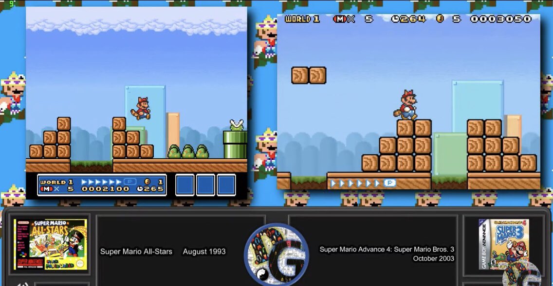 johannesmutlu's tweet photo. As you could see, the gba version of smb3 is not only zoomed in but it’s status bar were also cut &amp; split in two parts to be on both top &amp; bothem on screen to fit on the low-res screen.
But nintendo also added or removed some tiles here there in the levels to make it all easier. https://t.co/MhQrY56fIp