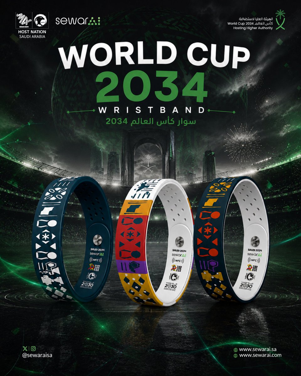 sewaraisa's tweet photo. From fan passion to digital gates Our smart bracelets are ready for upcoming tournaments .
من مدرجات الشغف إلى بوابات التنظيم الرقمي أساورنا الذكية مستعدة لقيادة تجربة الجماهير في الفعاليات والبطولات القادمة.
#اسبانيا_بطلة_العالم
#fifaWCFinal
#mundial2026
#Argentina #Espana https://t.co/myoGDGURUu