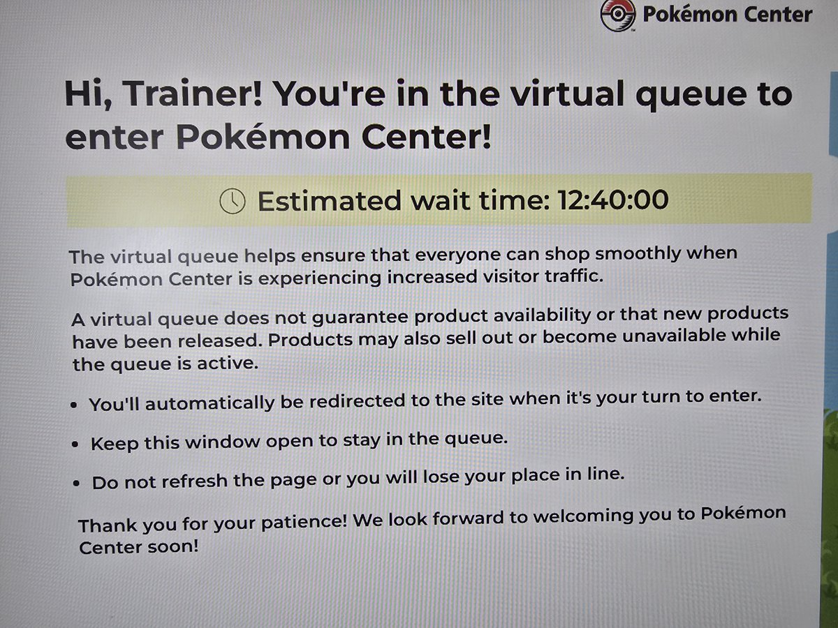 DiethornMadison's tweet photo. @pokebeach Great, it went from a 12hr wait to a 13hr que time 😑 hooray for not getting any product again! https://t.co/8jGN3istNW
