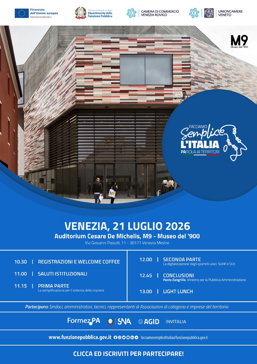 FunzPub's tweet photo. Domani, saremo a Venezia per una nuova tappa di “Facciamo semplice l’Italia. Parola ai territori”, l’iniziativa promossa dal Dipartimento della funzione pubblica per raccogliere indicazioni e proposte dalle istituzioni, dalle amministrazioni e dagli stakeholder dei territori. https://t.co/ku9jE4YKZK